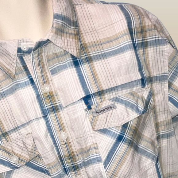 Simms Guide Series Plaid Fishing Button Up
Tan Blue and White Size Large - Picture 1 of 6